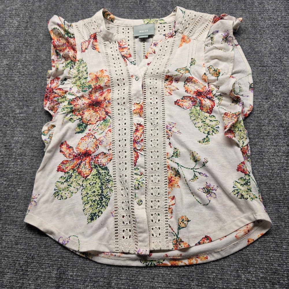 Maeve Anthropologie XS Kailana Flutter Sleeve Floral Eyelet Lace Top Linen Blend